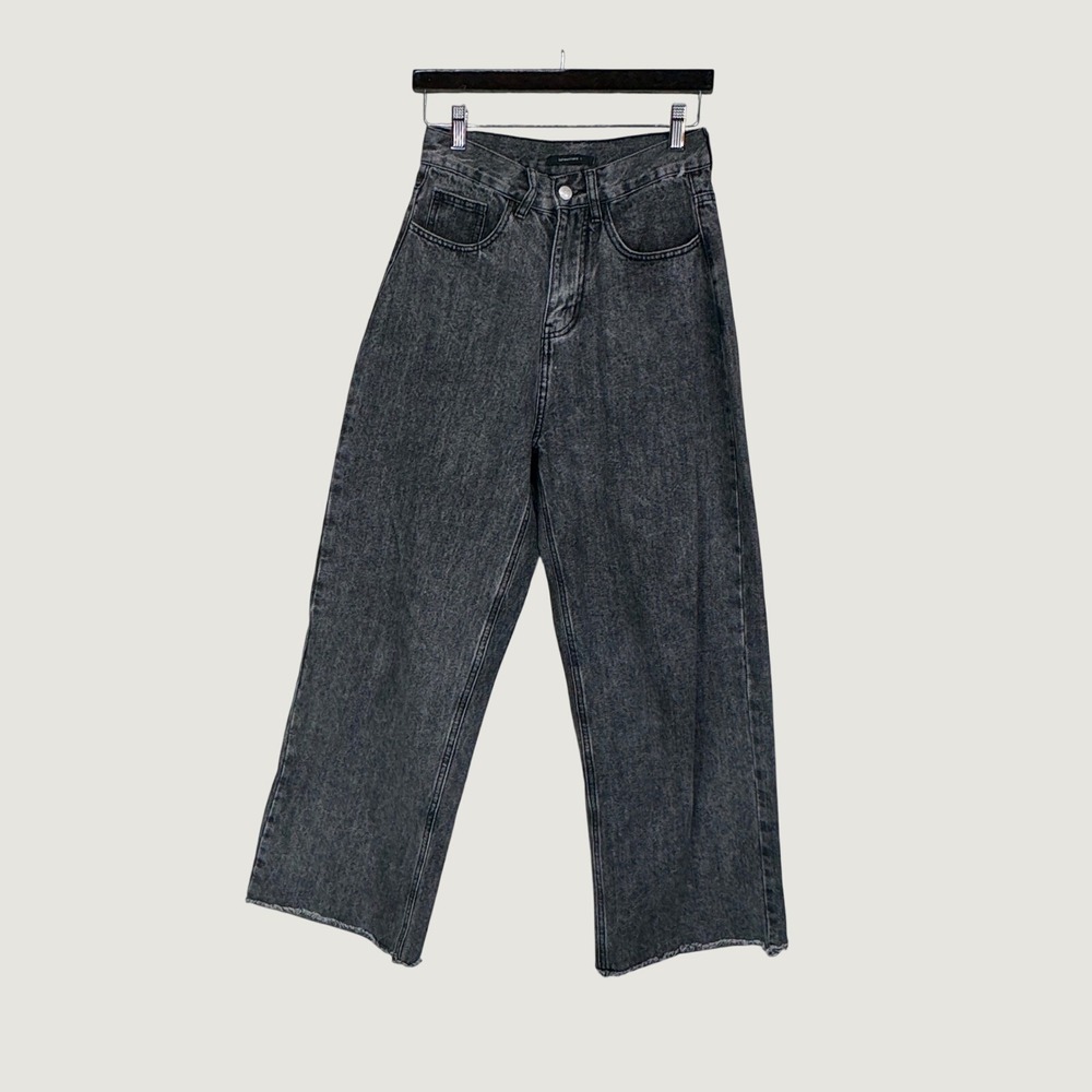 Betweenand Wide Leg Jeans S Black Heart Pocket Acid Wash High Waisted Y2K